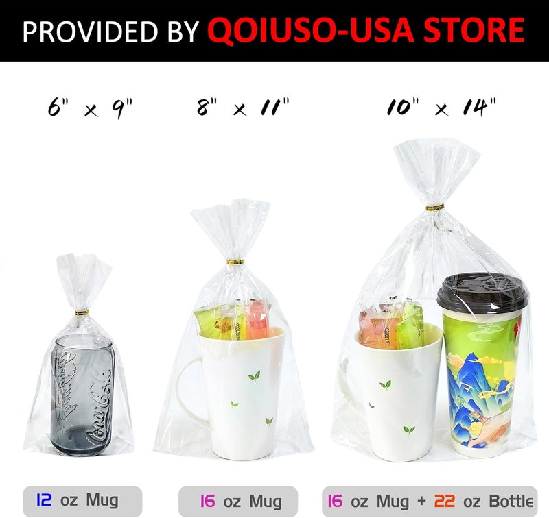 QOIUSO 50 Pcs 8x11 Inch Clear Gift Bags with Bottom Gusset – Flat Bottom Cellophane Goodie Bags for Candy, Treats, Cookies, Bakery, Valentines and Easter Small Party Favors- 60 Gold Twist Ties - Image 2